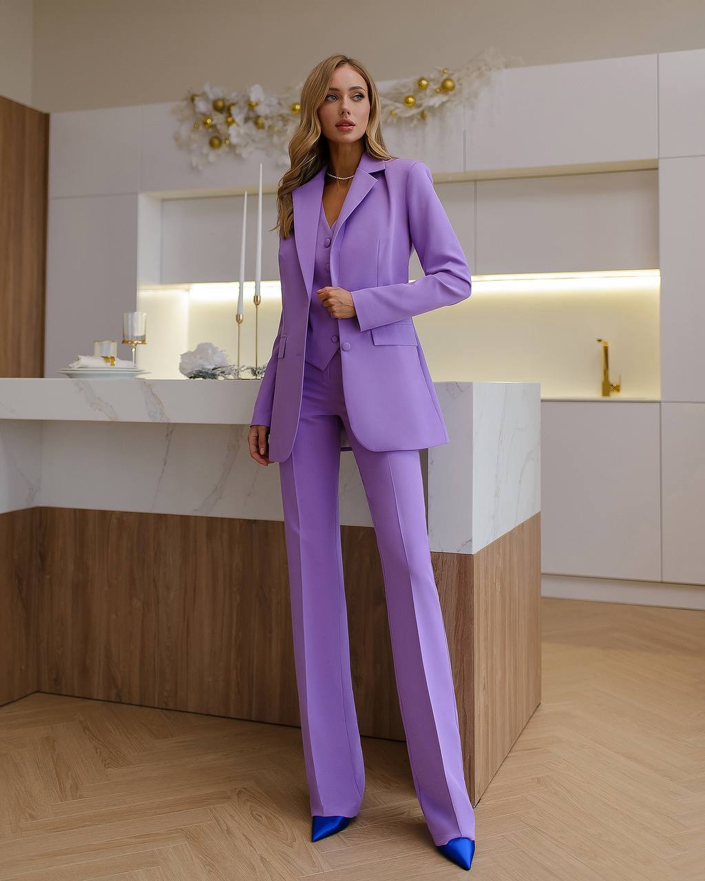 Purple three-piece suit with vest and straight pants