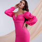 Raspberry satin dress with voluminous sleeves