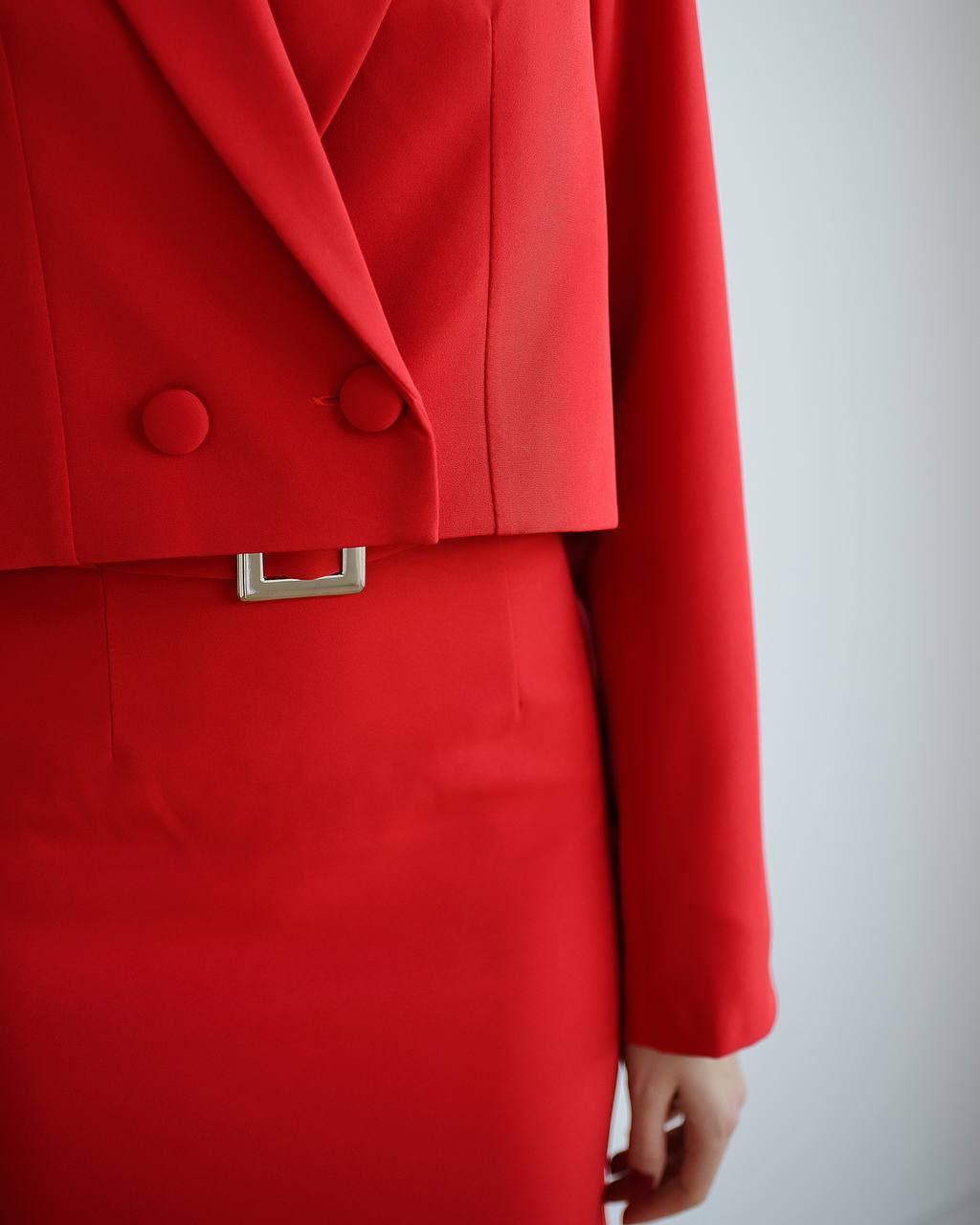 Red suit crop jacket and skirt with slit