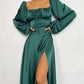 Emerald satin maxi dress with slit