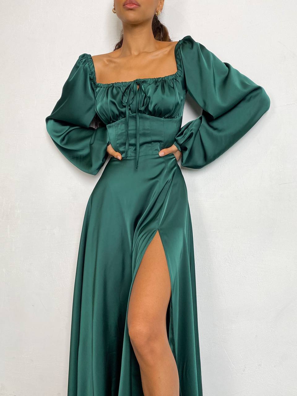 Emerald satin maxi dress with slit