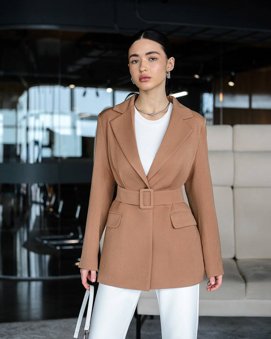 Caramel jacket with a belt