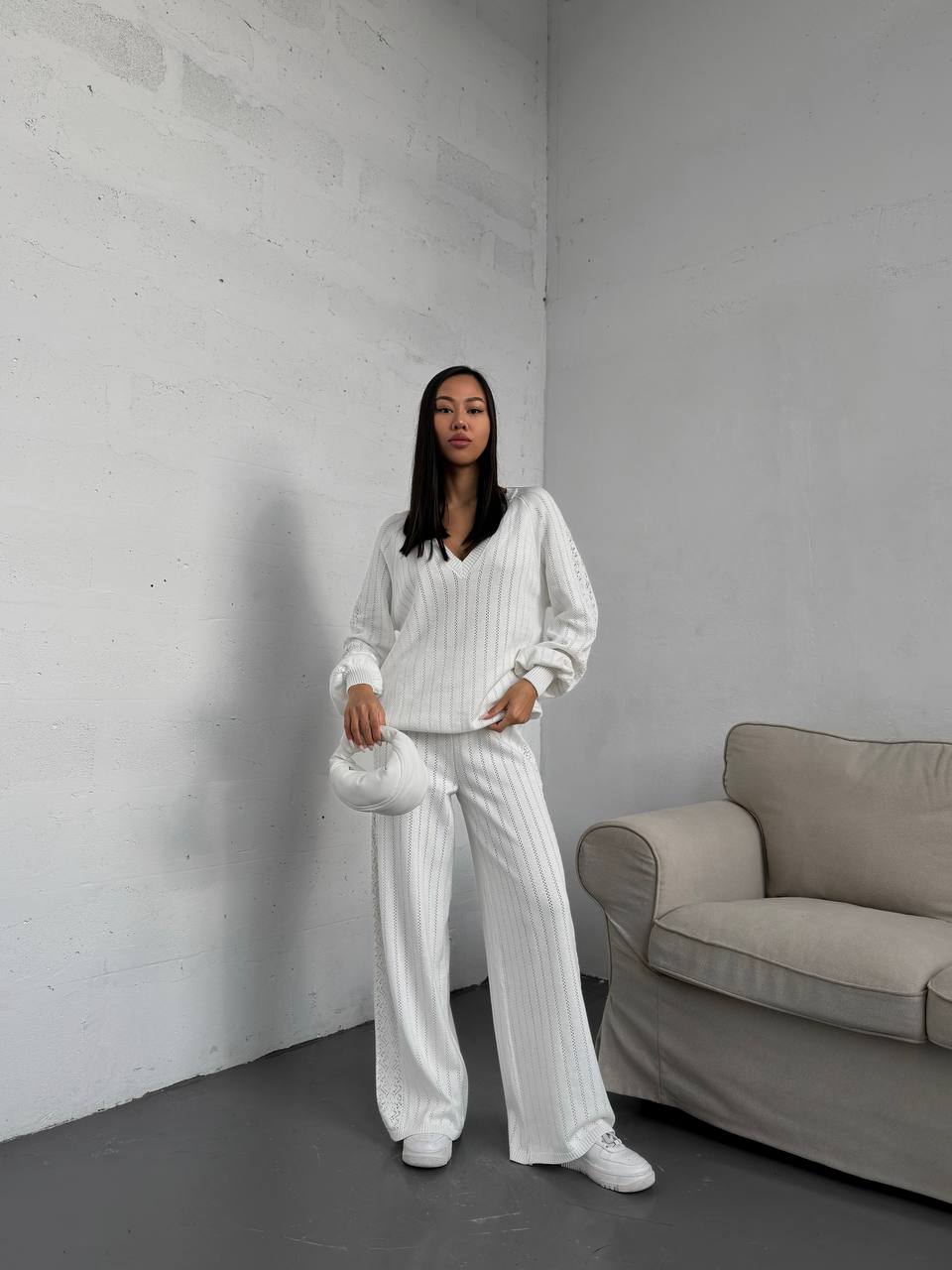 Milk knitted suit