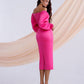 Raspberry satin dress with voluminous sleeves