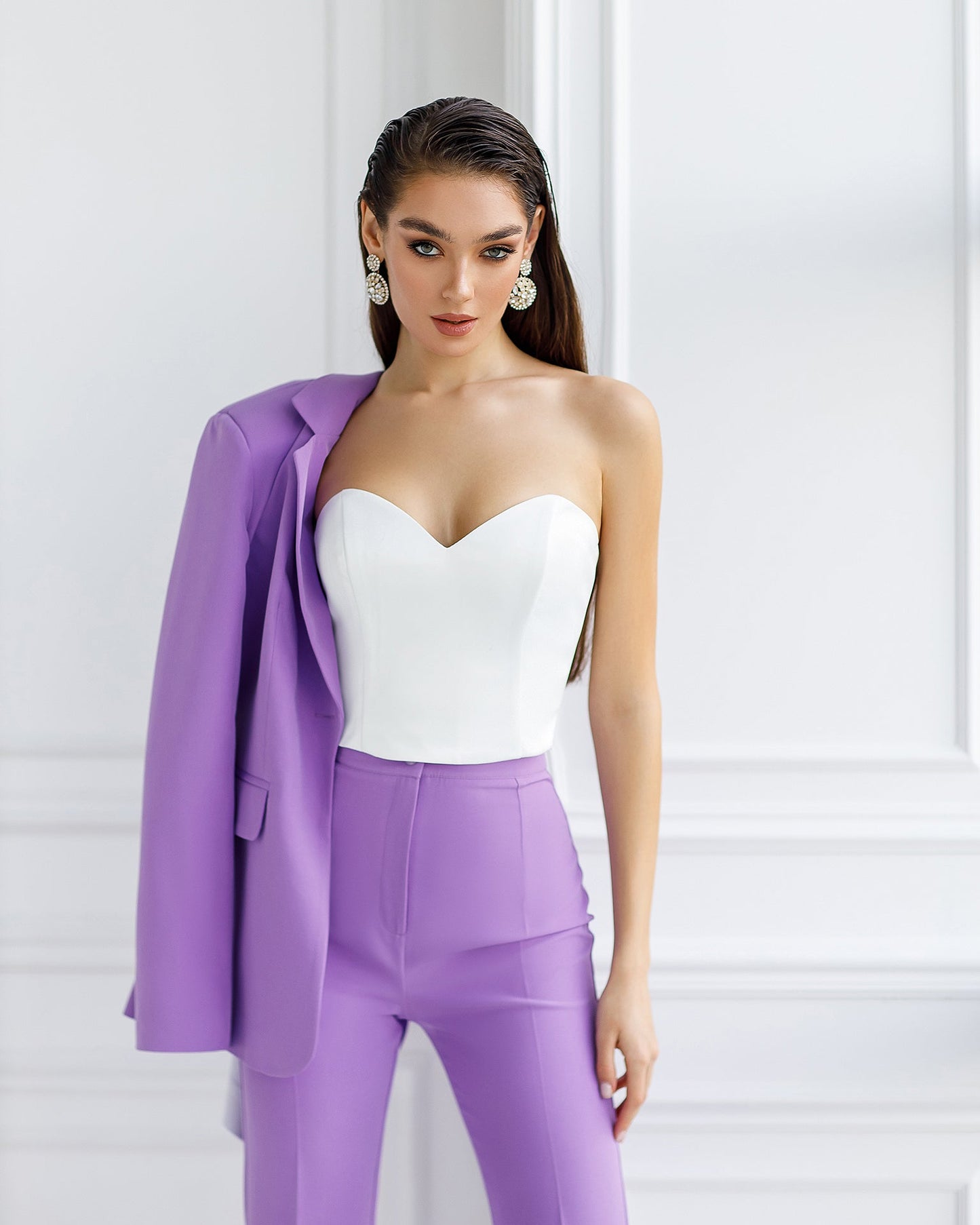 Purple suit jacket and flared pants with slits