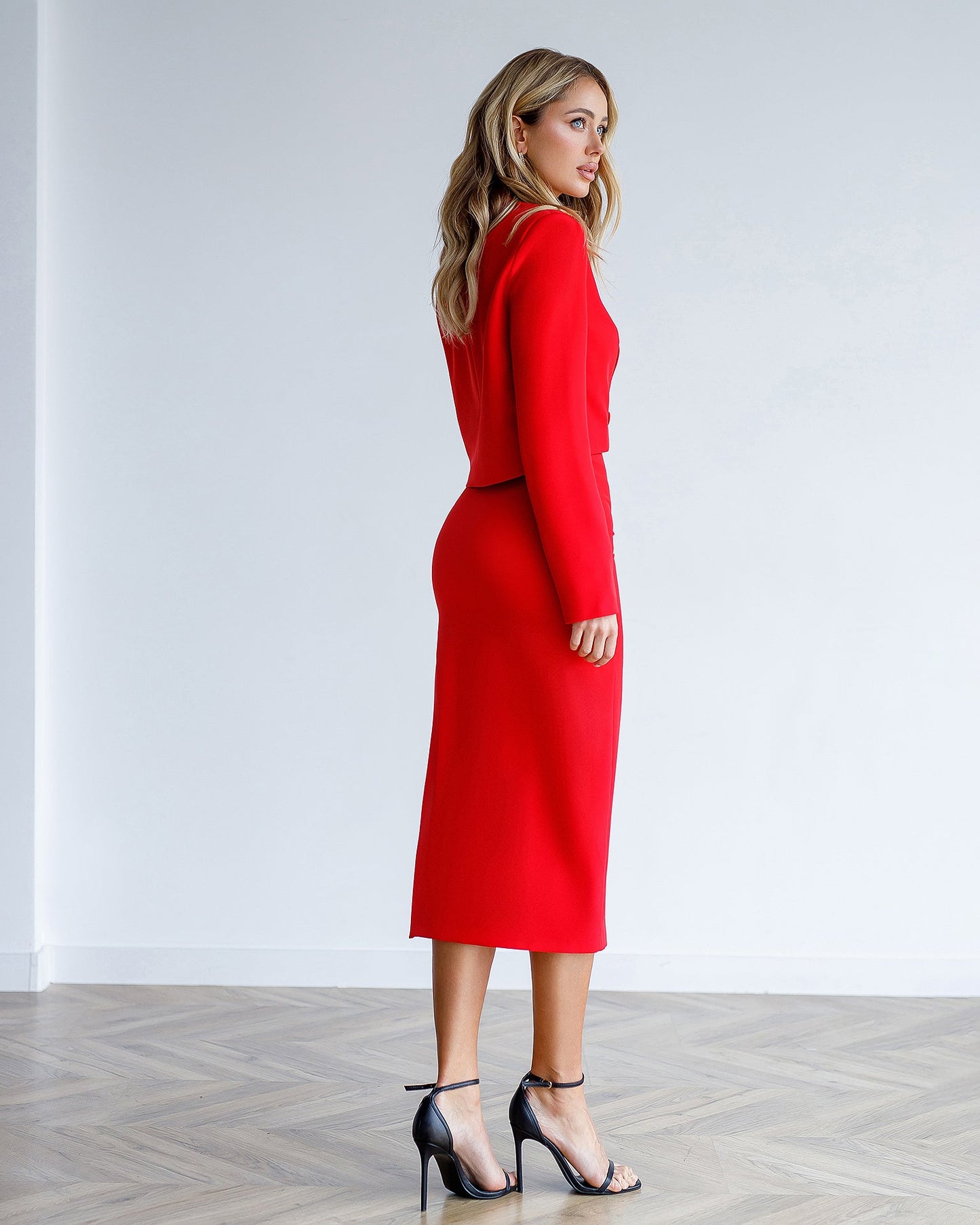 Red suit crop jacket and skirt with slit