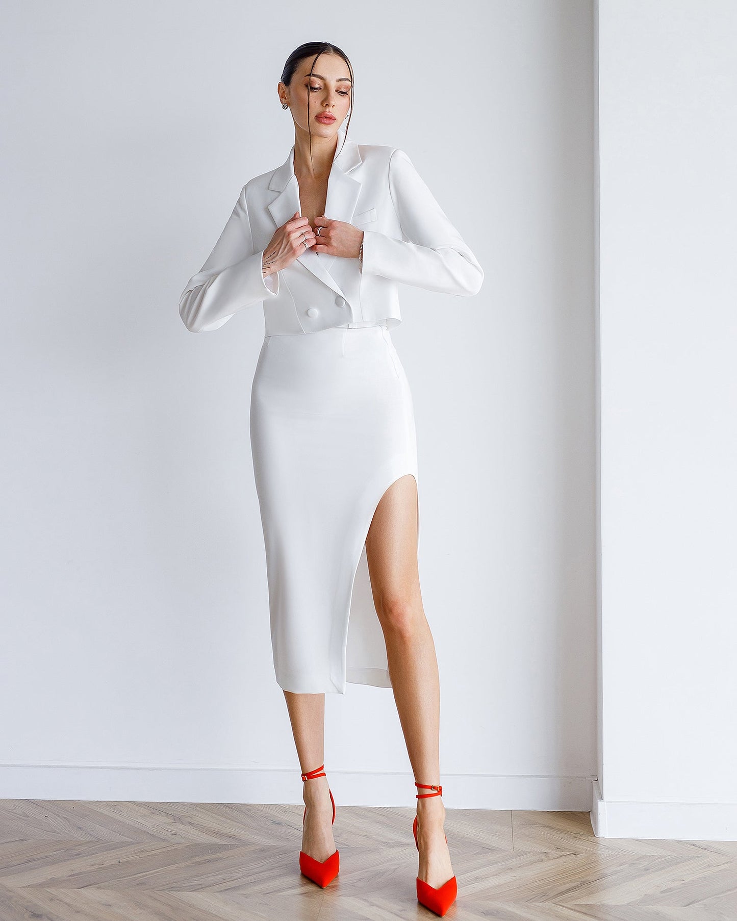 Milk suit crop jacket and skirt with slit