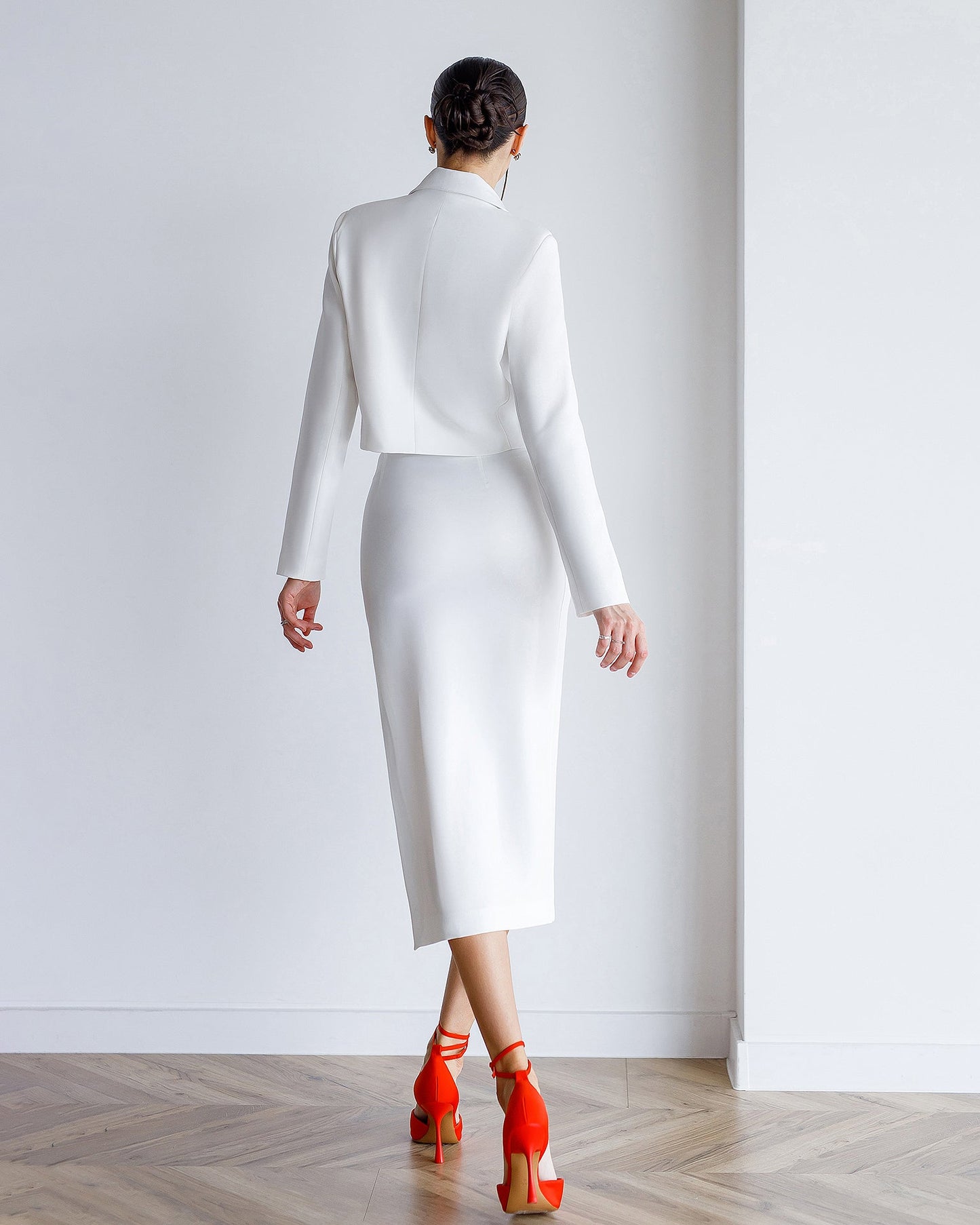 Milk suit crop jacket and skirt with slit