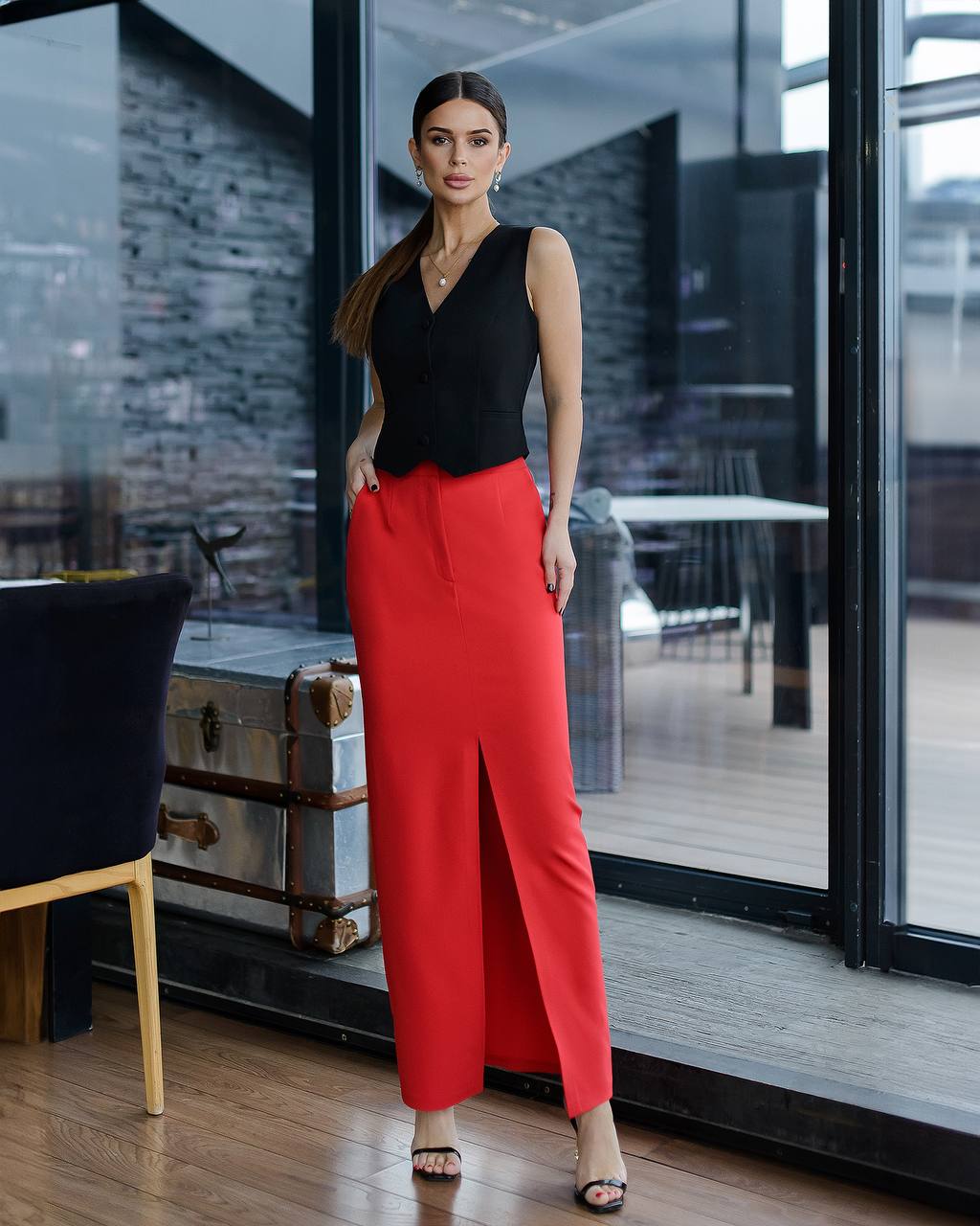 Red skirt with a slit