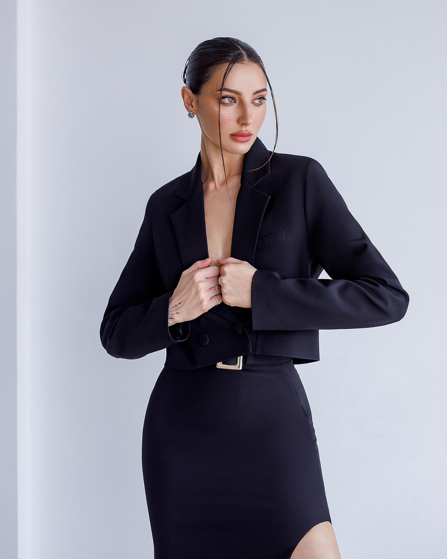 Black suit crop jacket and pencil skirt