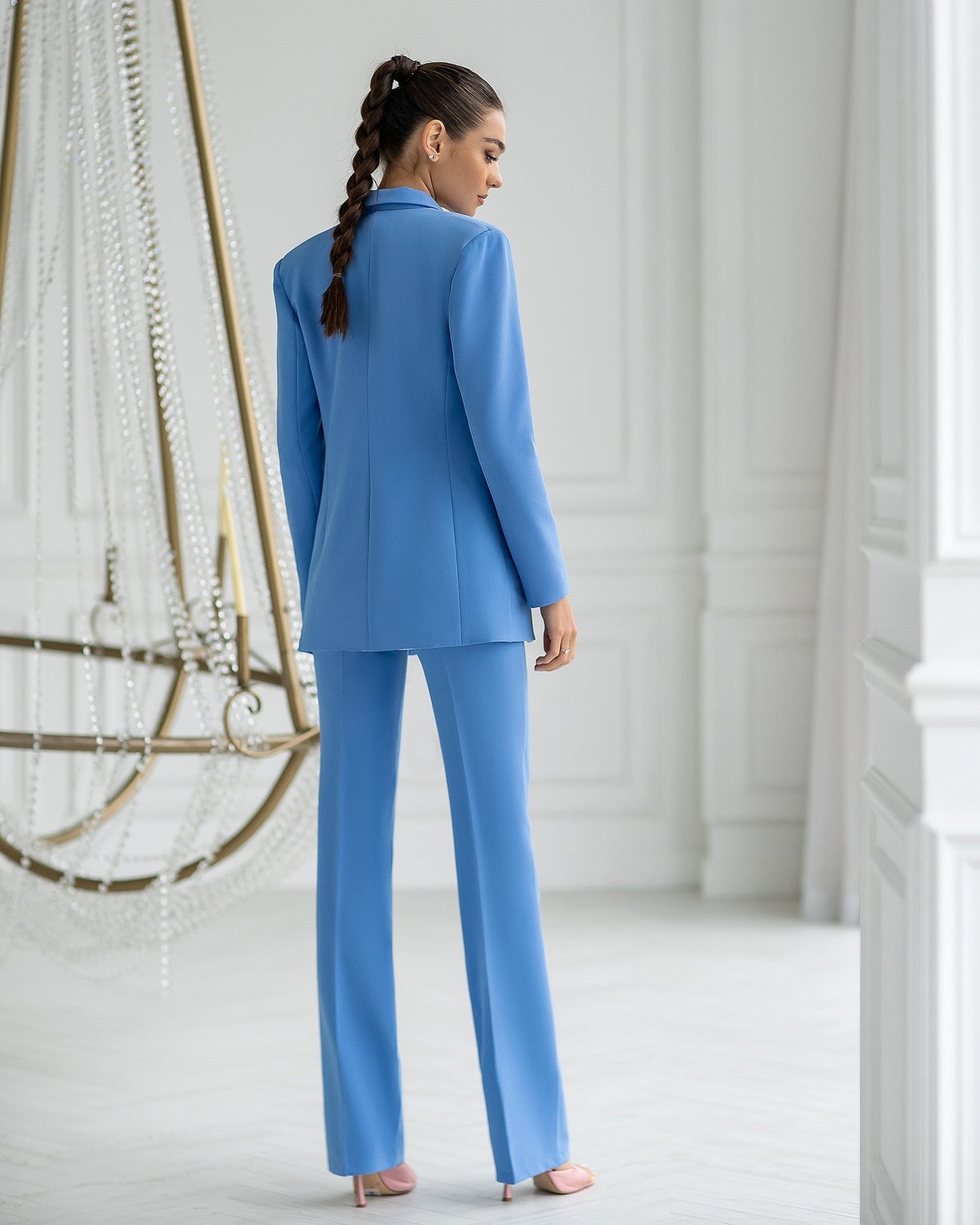 Blue three-piece suit with waistcoat and straight trousers