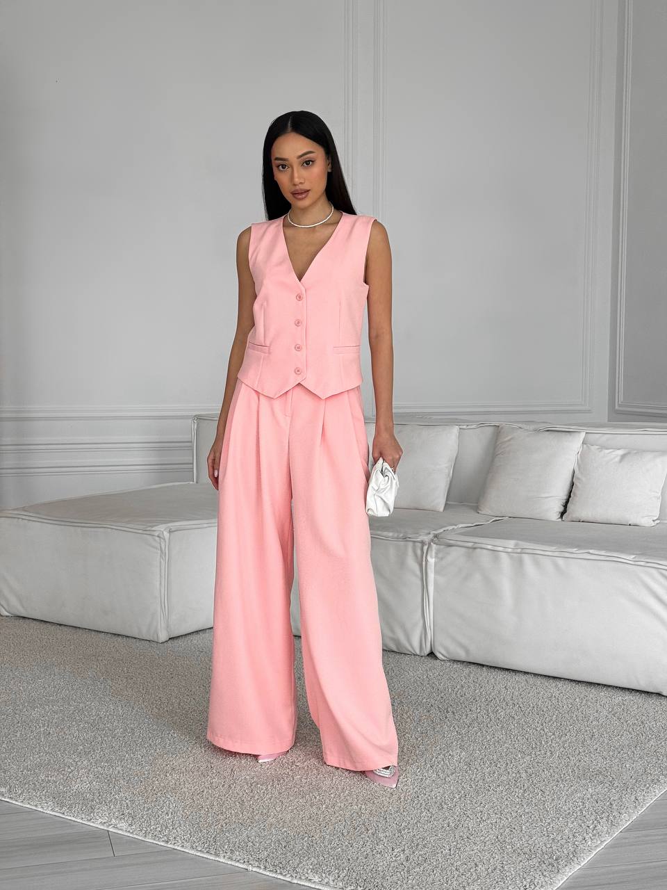 Peach suit for two with a vest