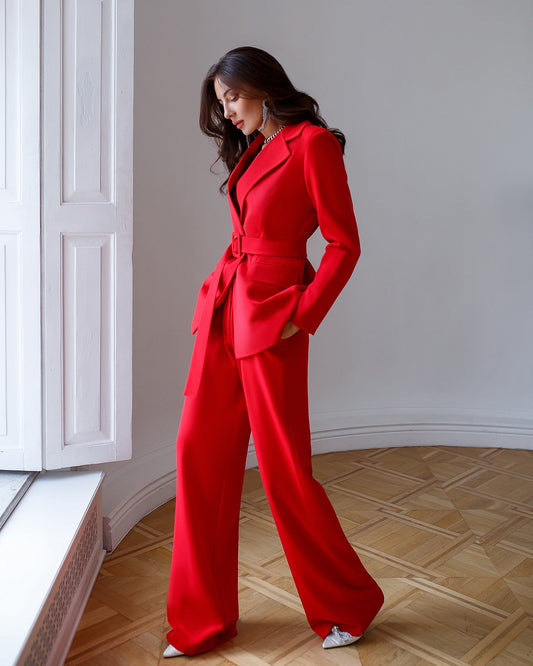 Red suit with wide pants and belt included