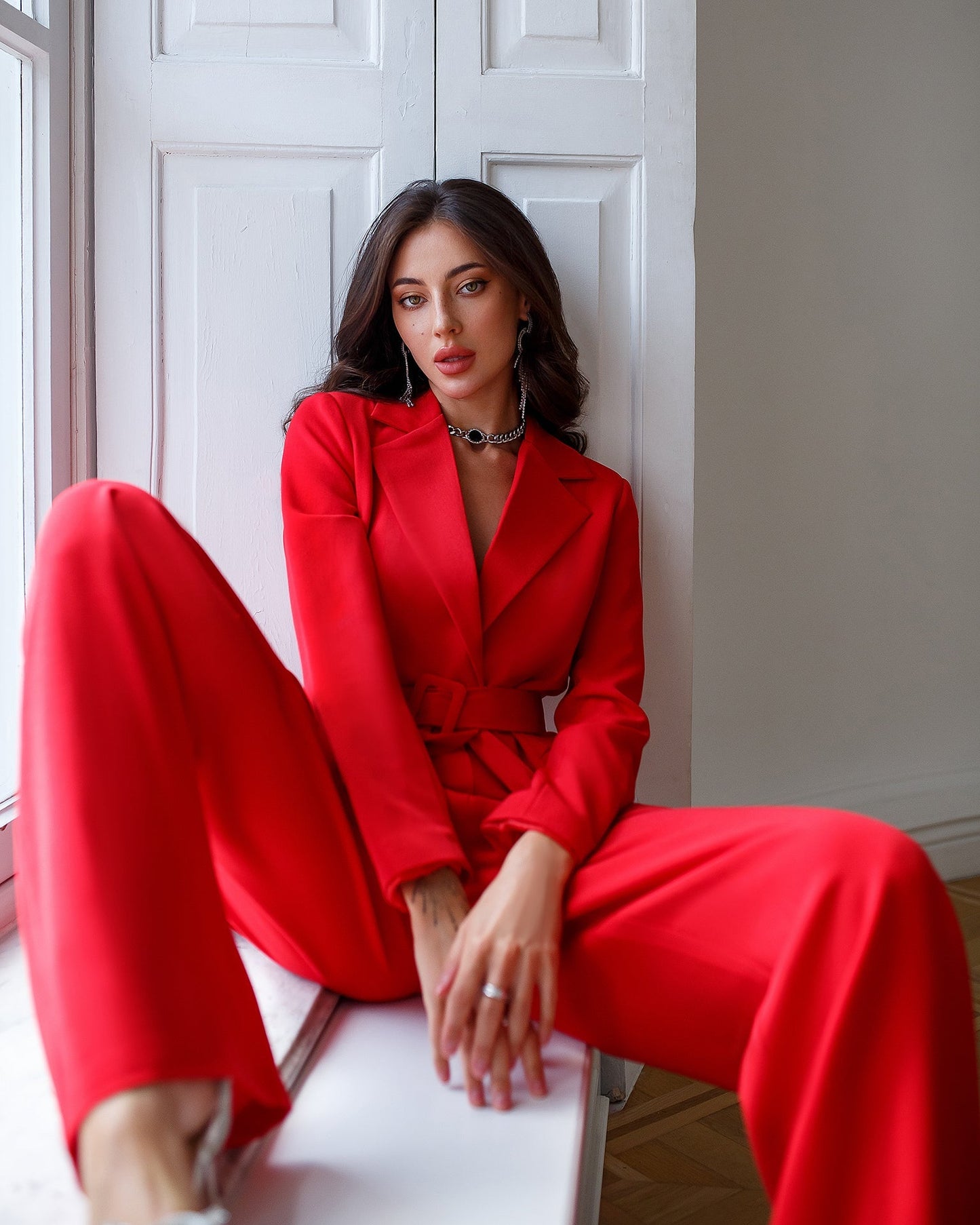 Red suit with wide pants and belt included