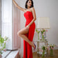 Red corset jumpsuit with slits