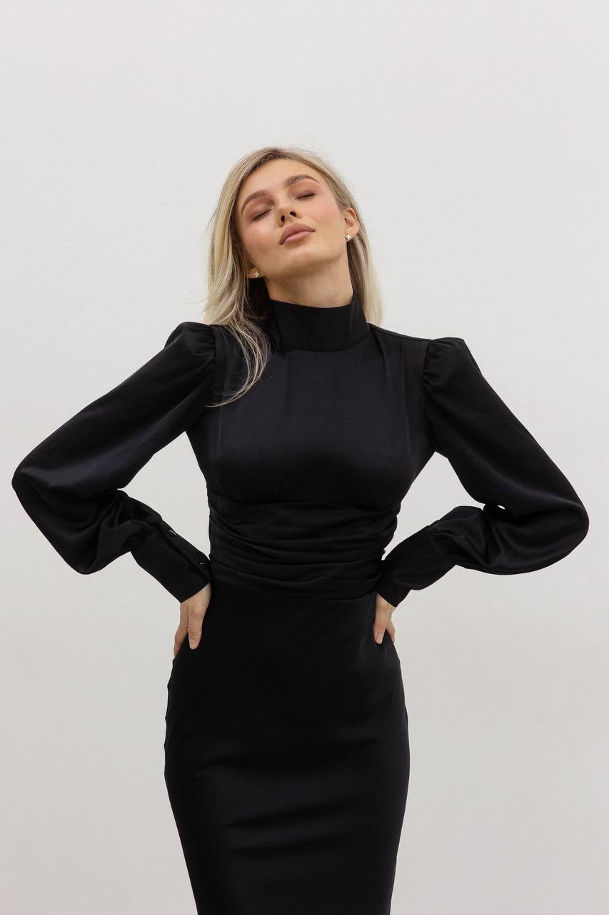 Black midi dress with bow and open back