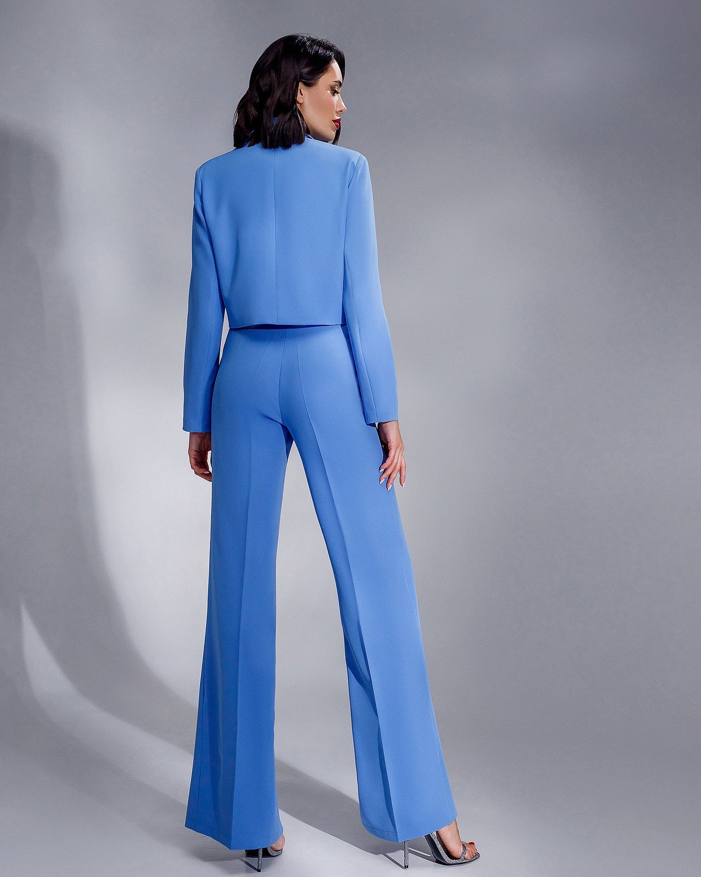 Blue suit crop jacket and pants with slits