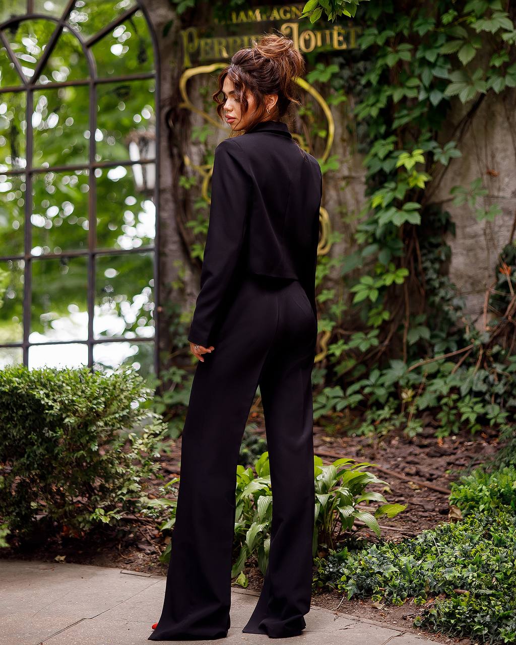 Black suit crop jacket and pants with slits