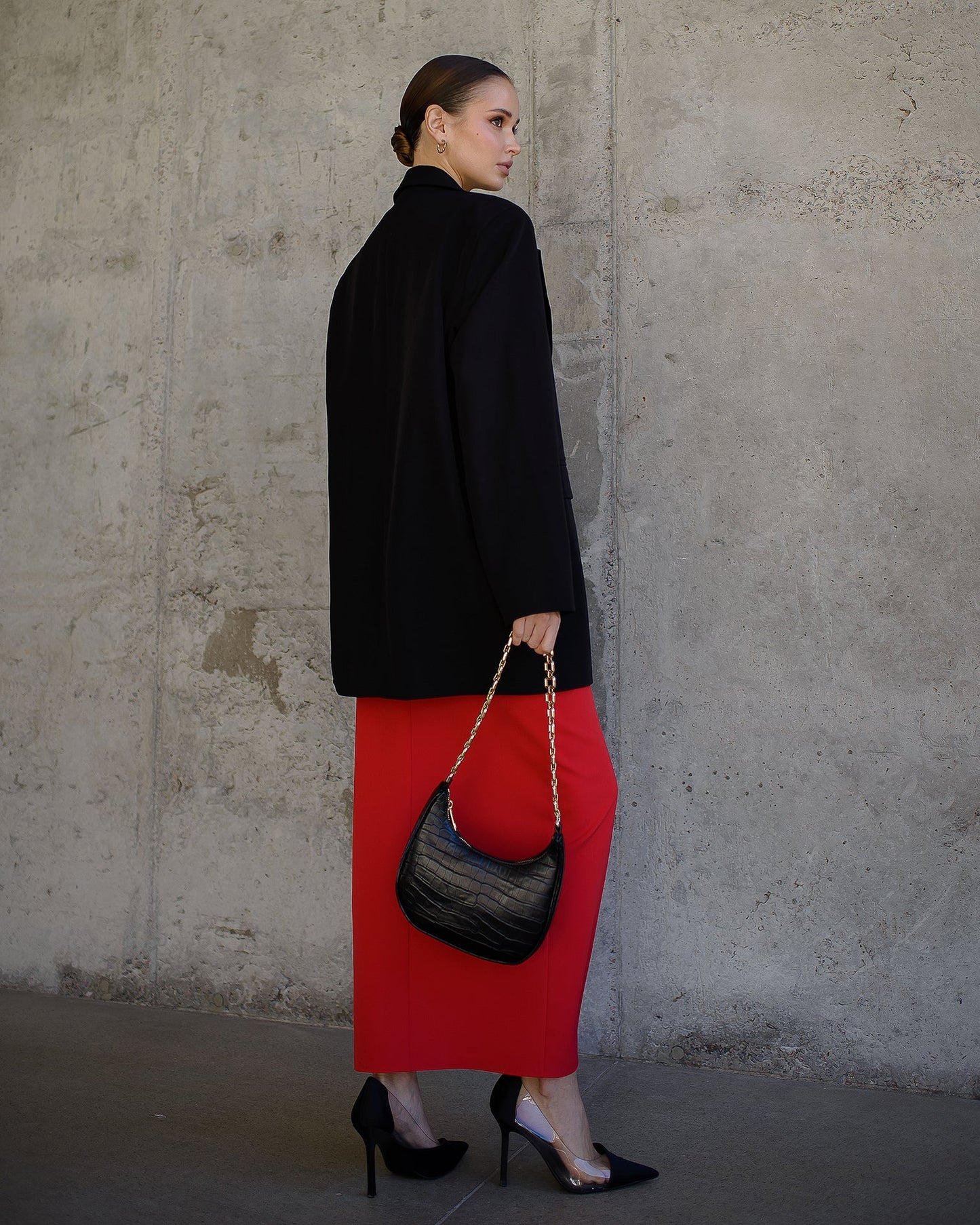 Red skirt with a slit