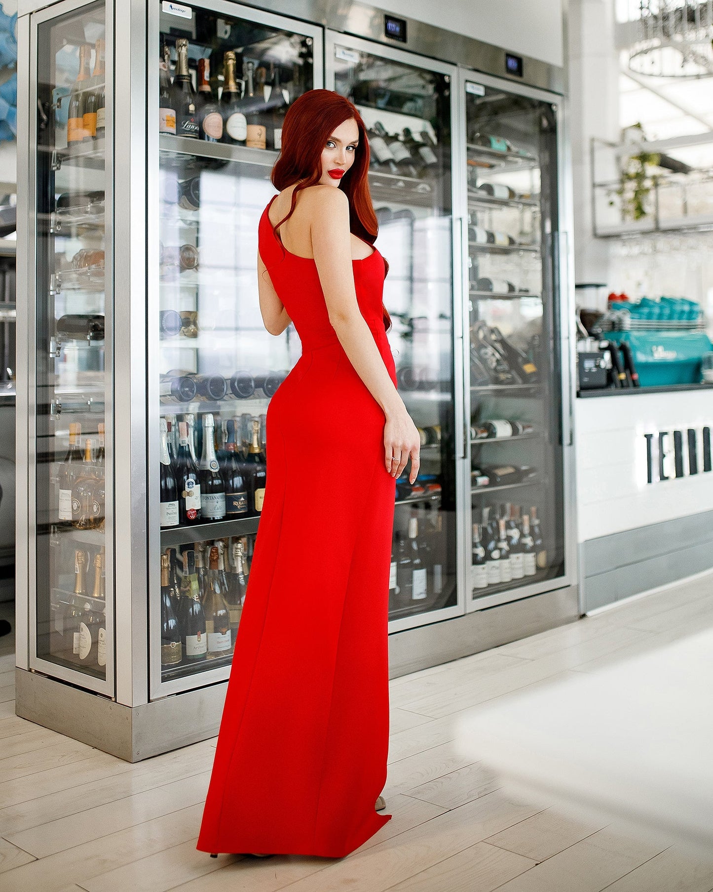 Red asymmetric maxi dress with slits