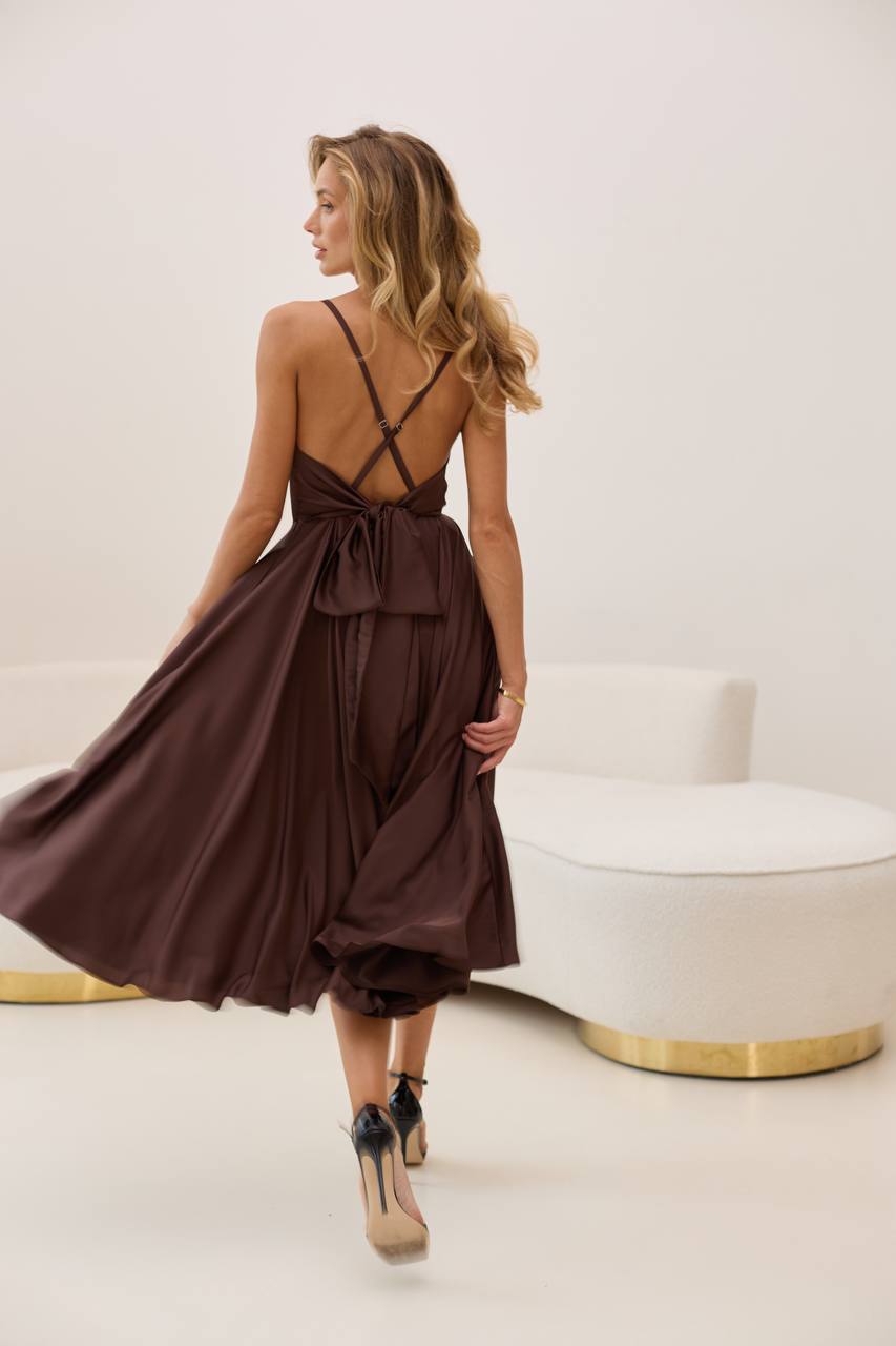 Brown dress with an open back and a lush skirt