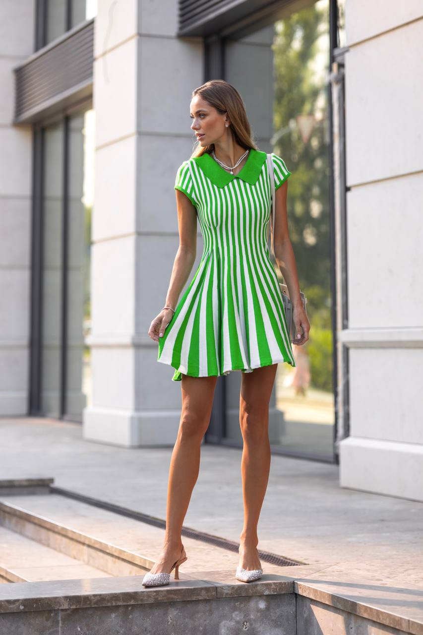 Green knitted mini dress with stripes