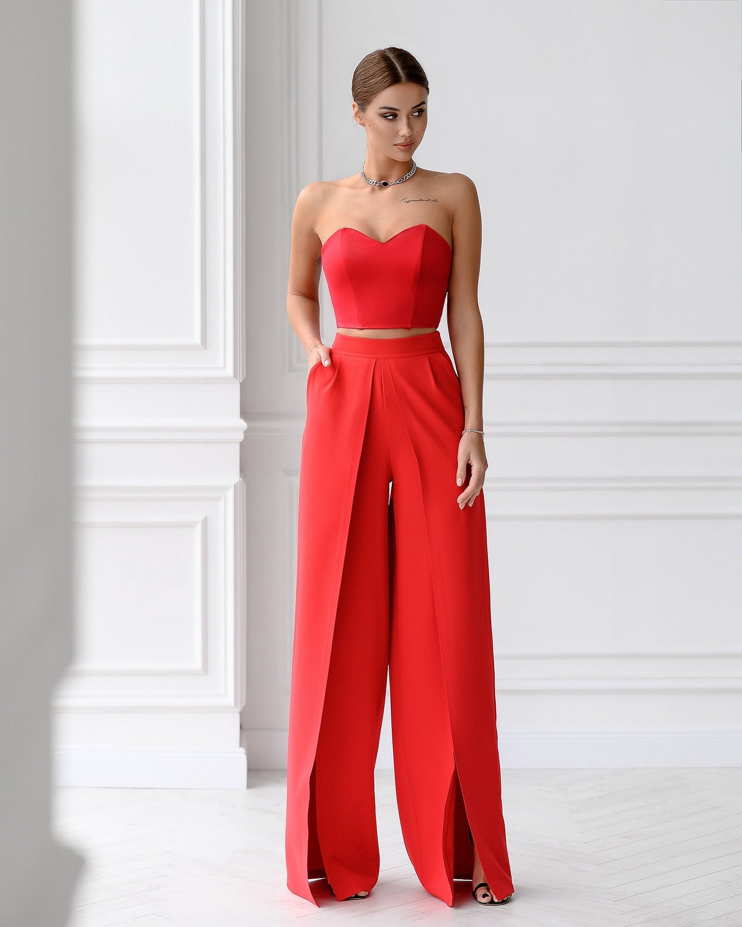 Red wide trousers with slits