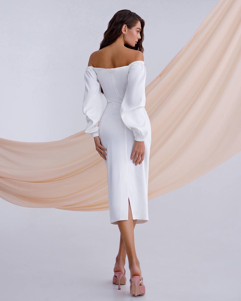 Milk satin midi dress with voluminous sleeves