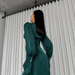 Emerald satin midi dress with buttons