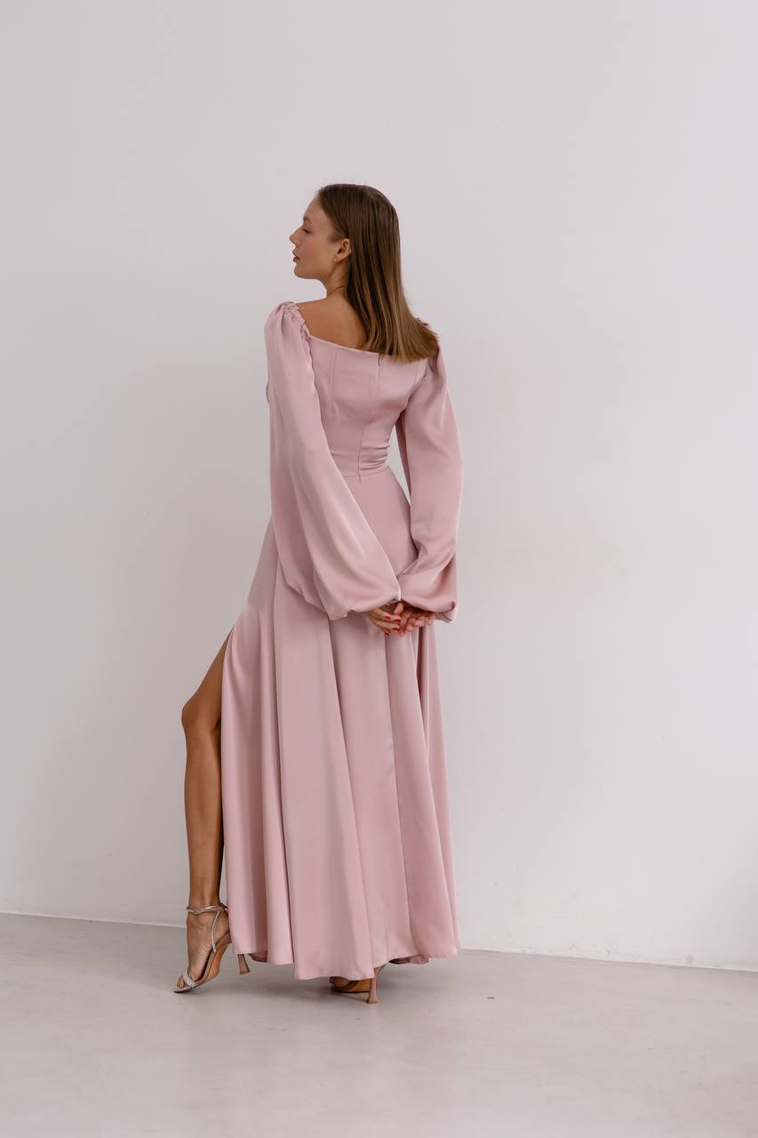 Powder satin maxi dress with slit