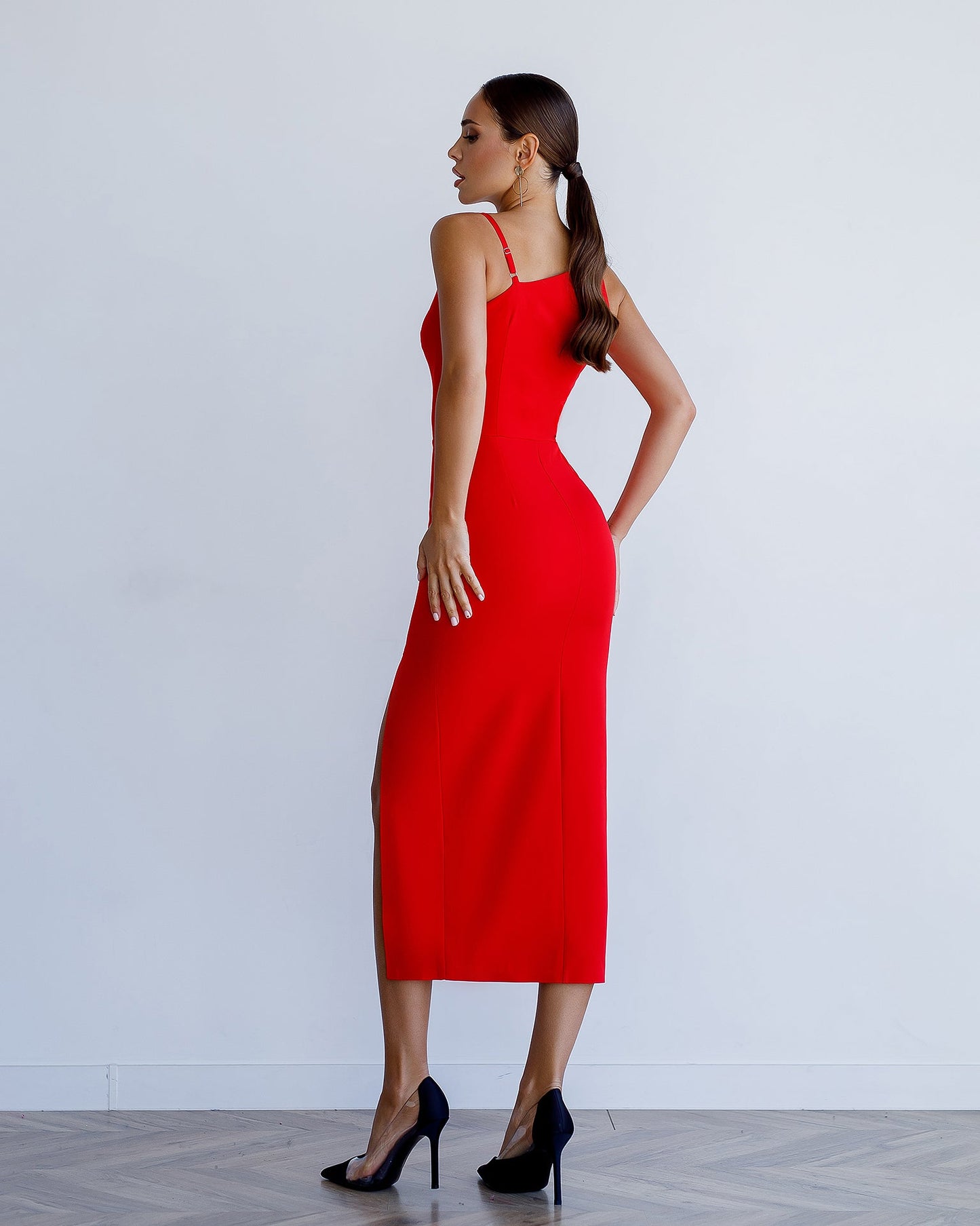 Red asymmetric midi dress 