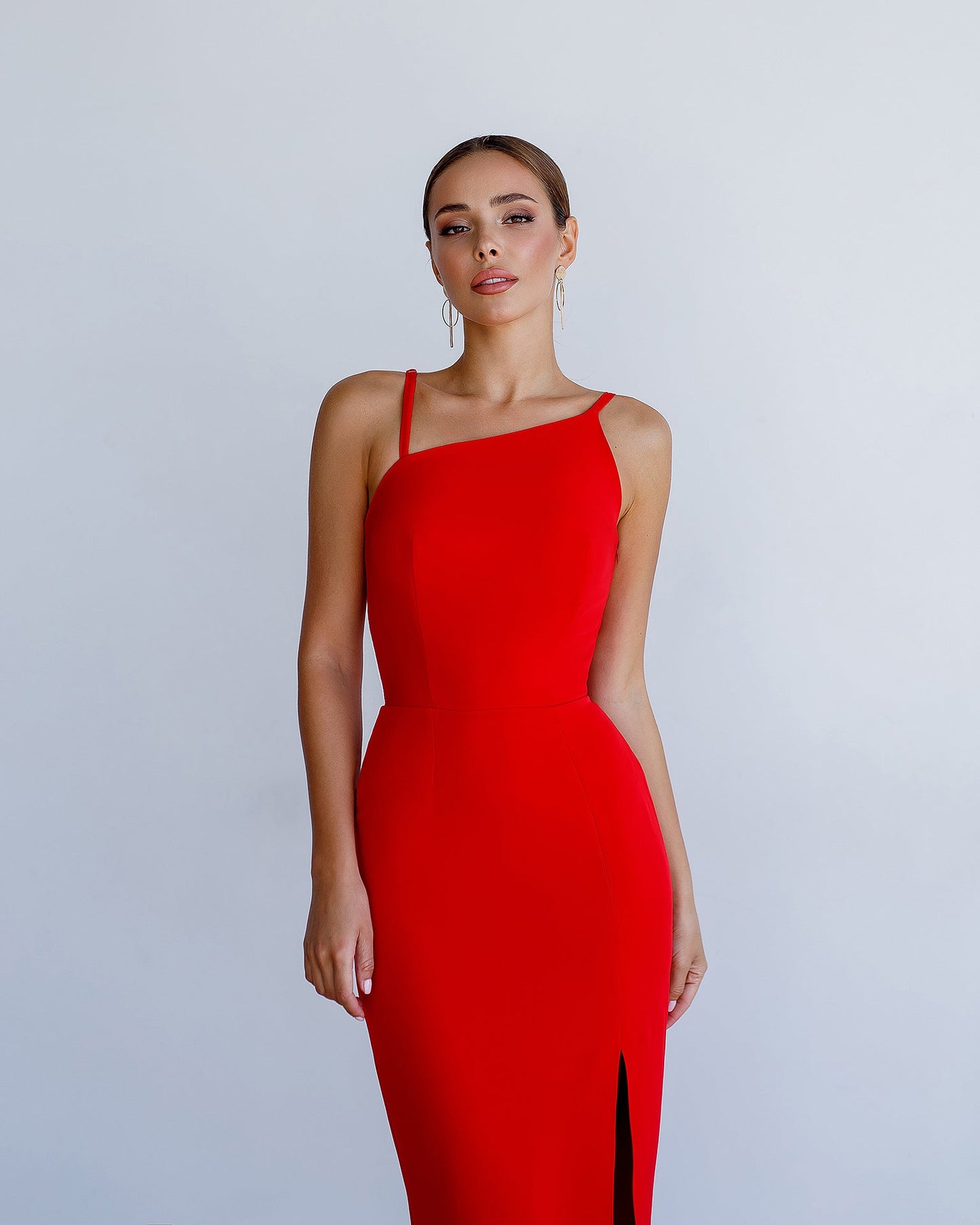 Red asymmetric midi dress 