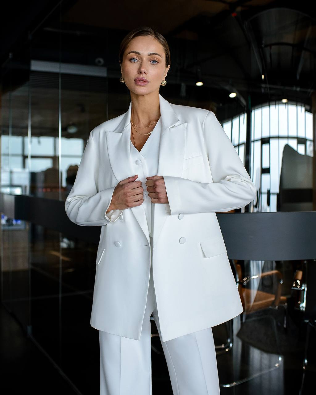 Three-piece milk suit with vest