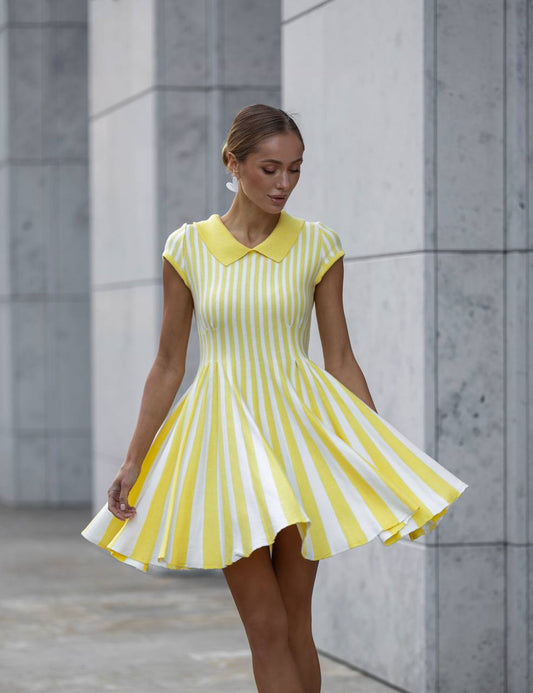 Yellow knitted mini dress in stripes