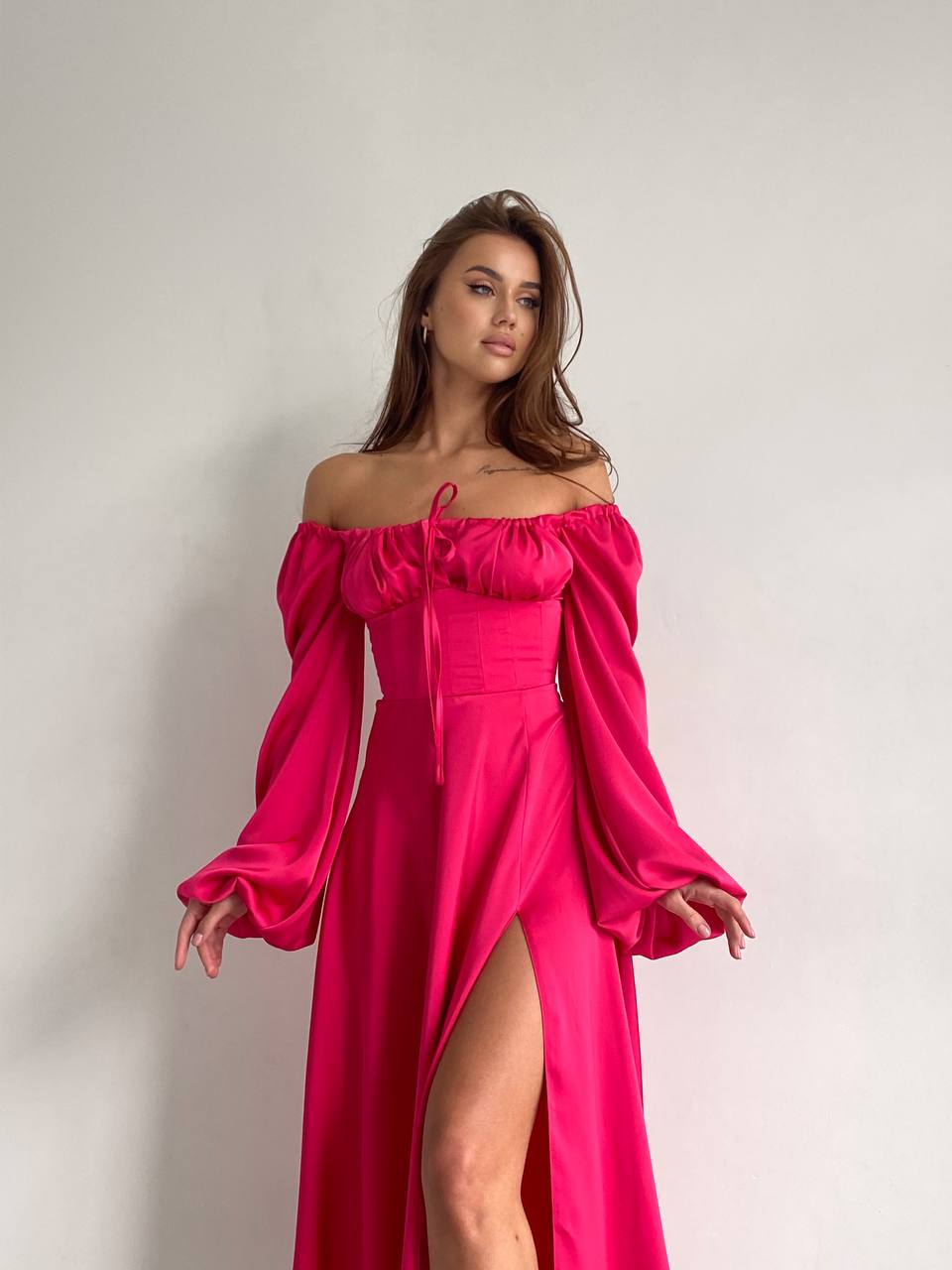 Raspberry satin maxi dress with slit