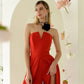 Red corset jumpsuit with slits