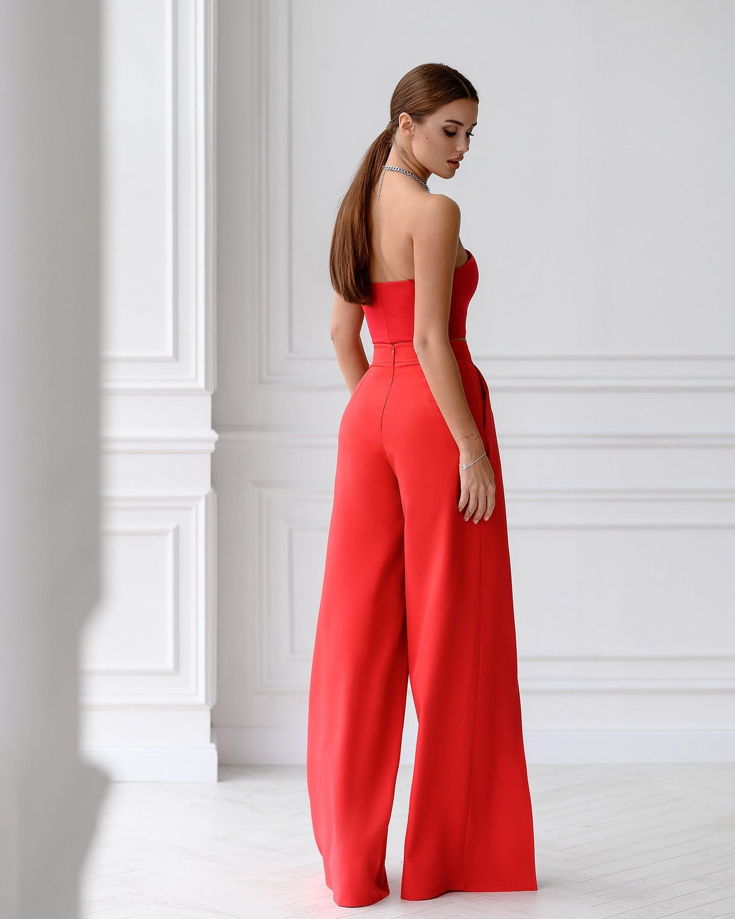 Red wide trousers with slits