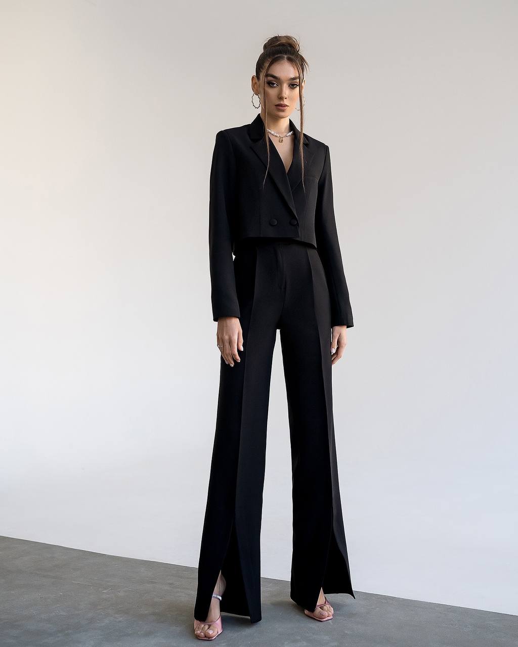 Black suit crop jacket and pants with slits