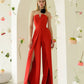 Red corset jumpsuit with slits