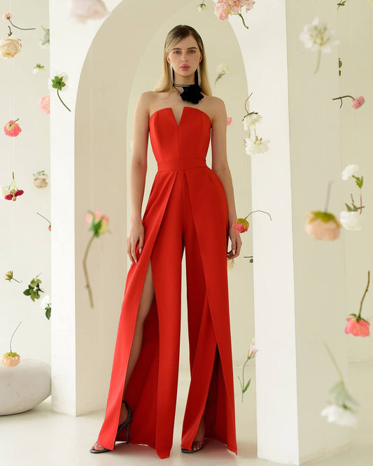 Red corset jumpsuit with slits