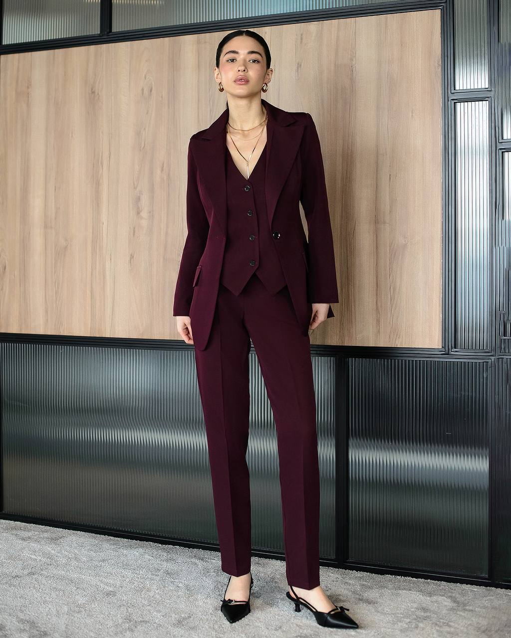 Burgundy three-piece suit with vest