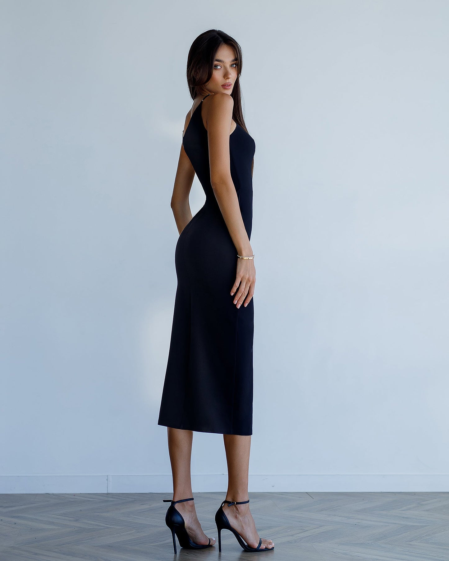 Black asymmetric midi dress 