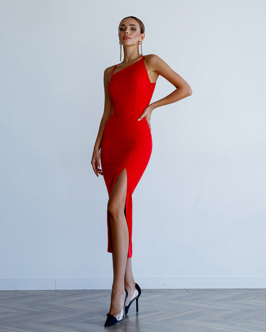 Red asymmetric midi dress 