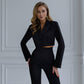 Black suit with a crop jacket and flared pants