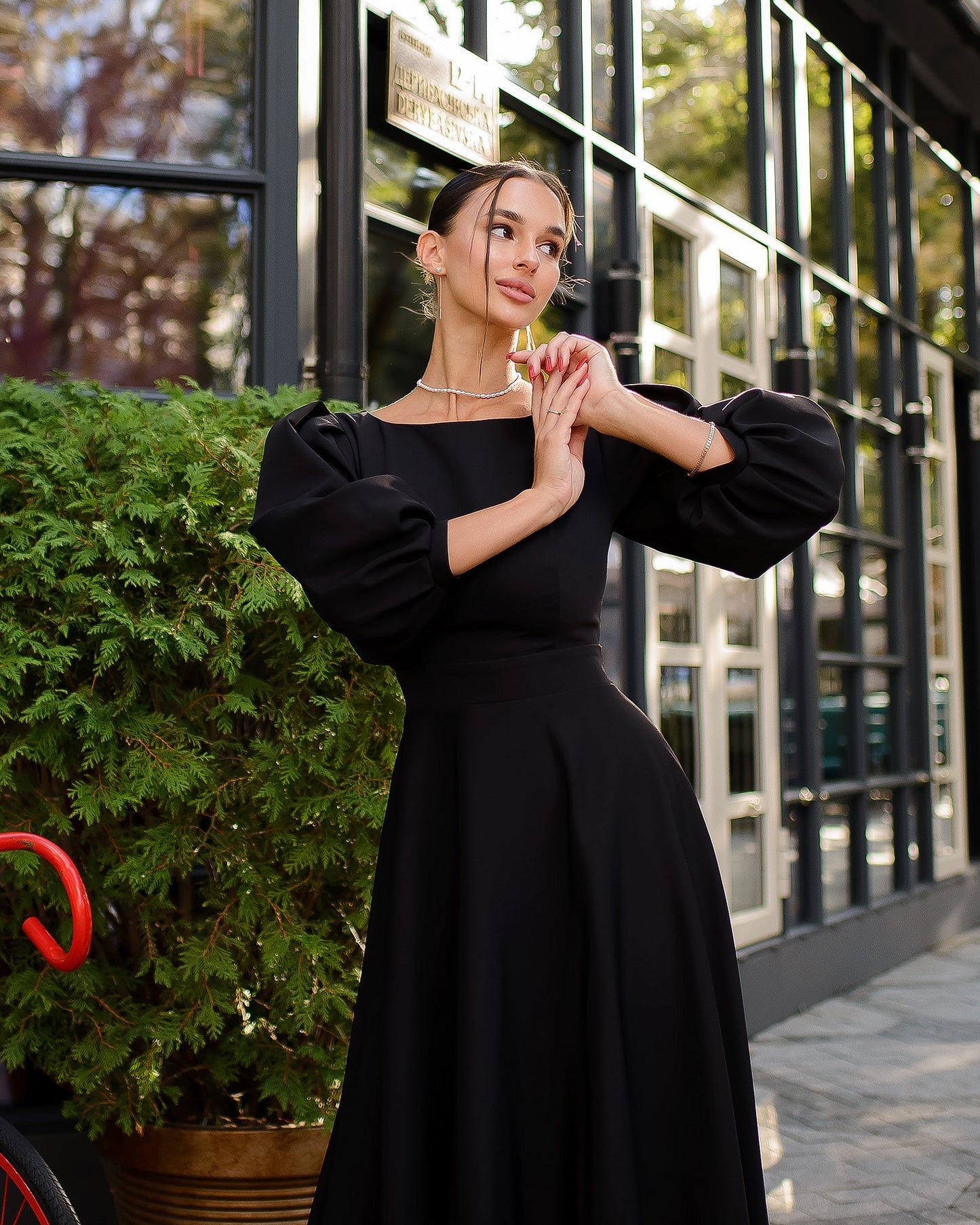 Black dress with open back and bow