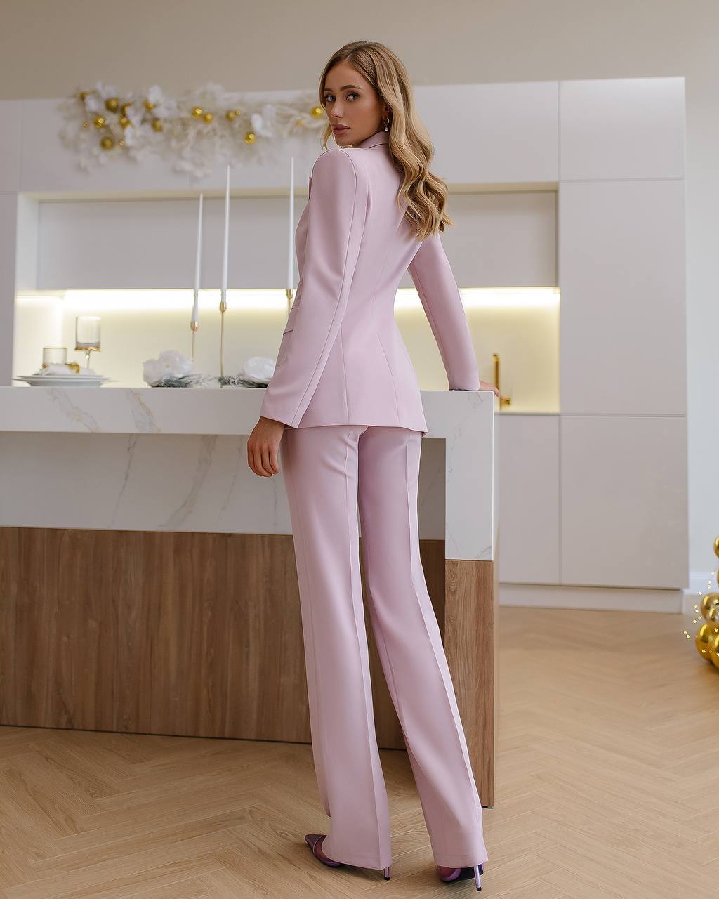 Powder suit jacket and flared pants