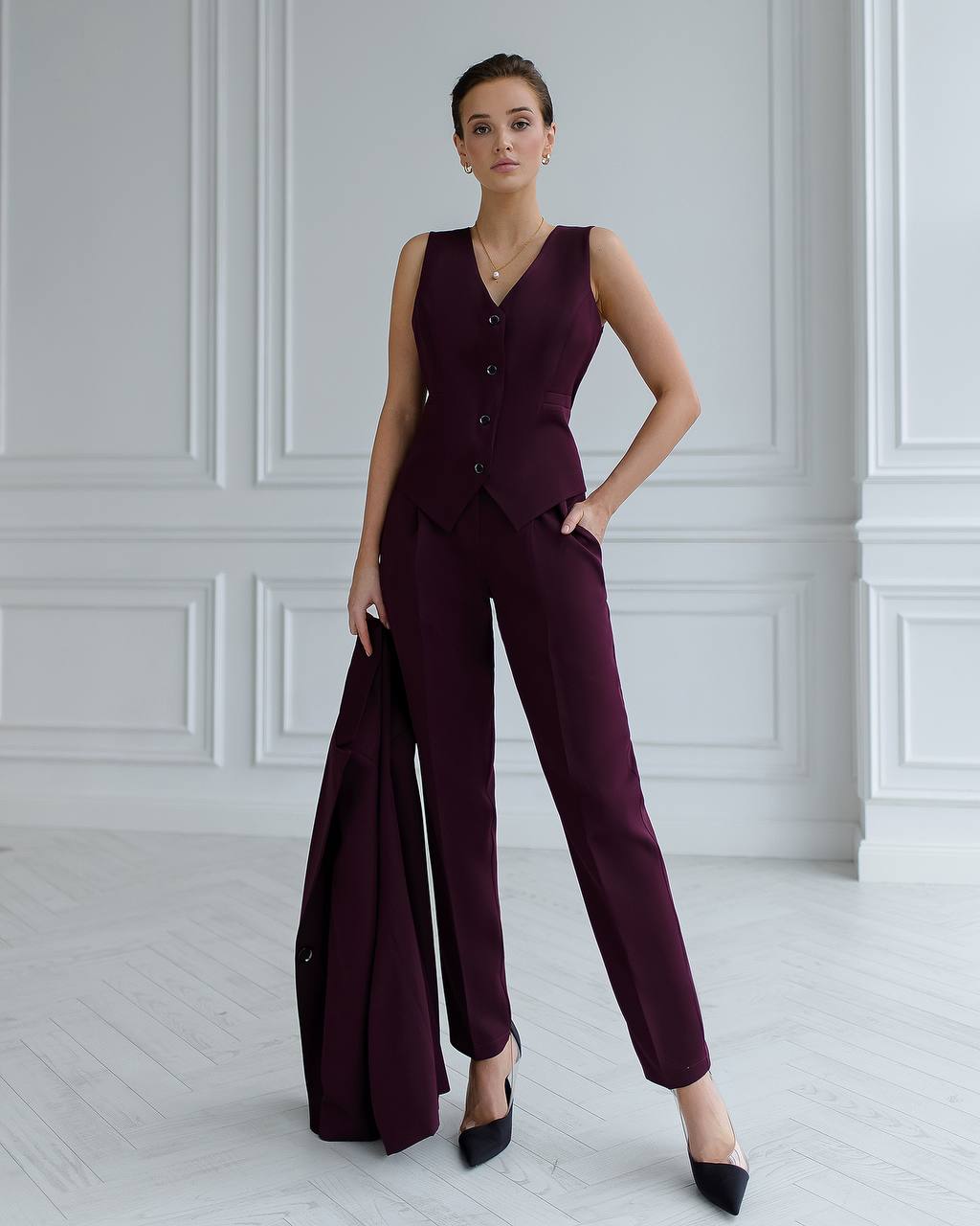 Burgundy three-piece suit with vest