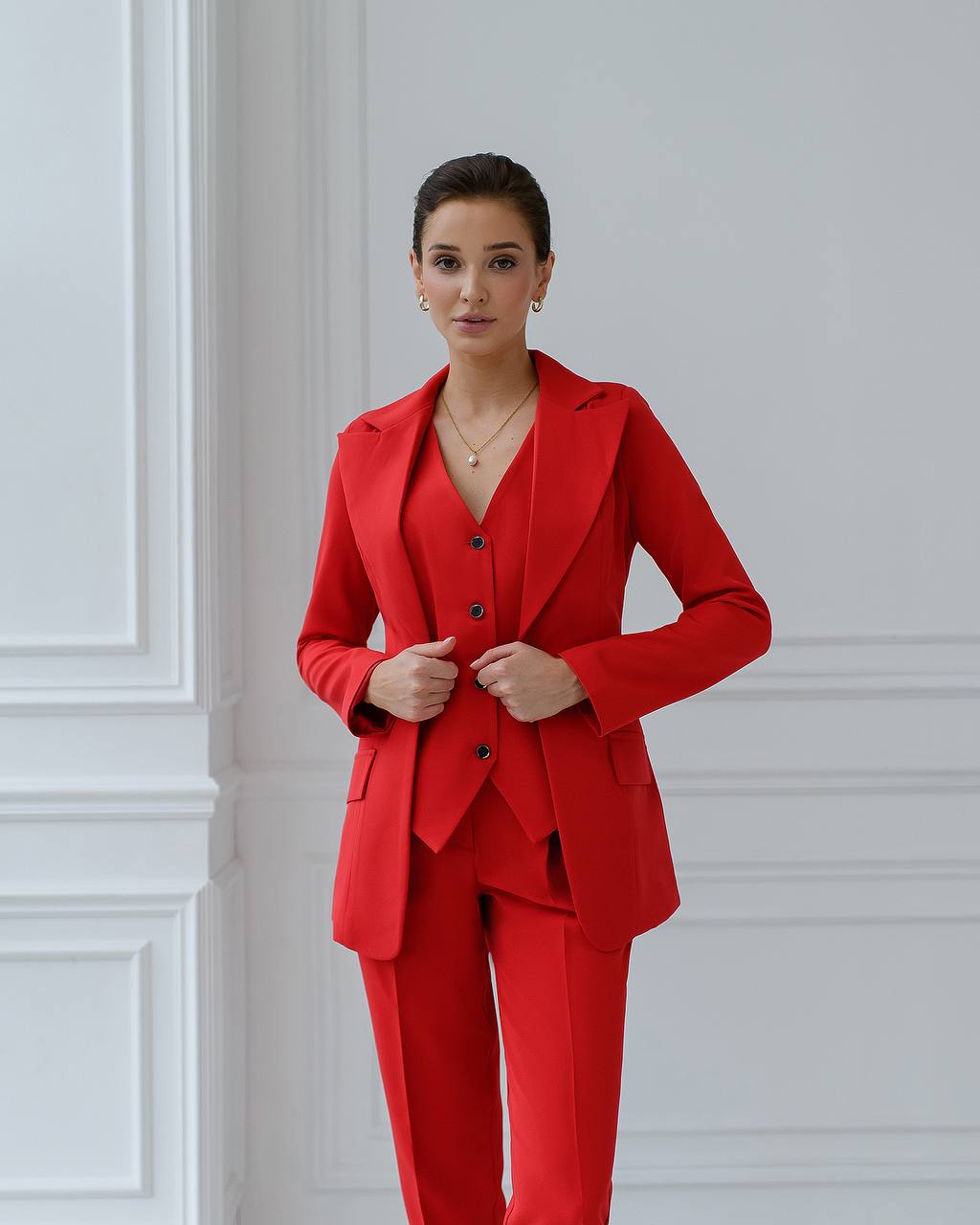 Red three-piece suit with vest