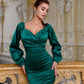 Green satin dress with voluminous sleeves