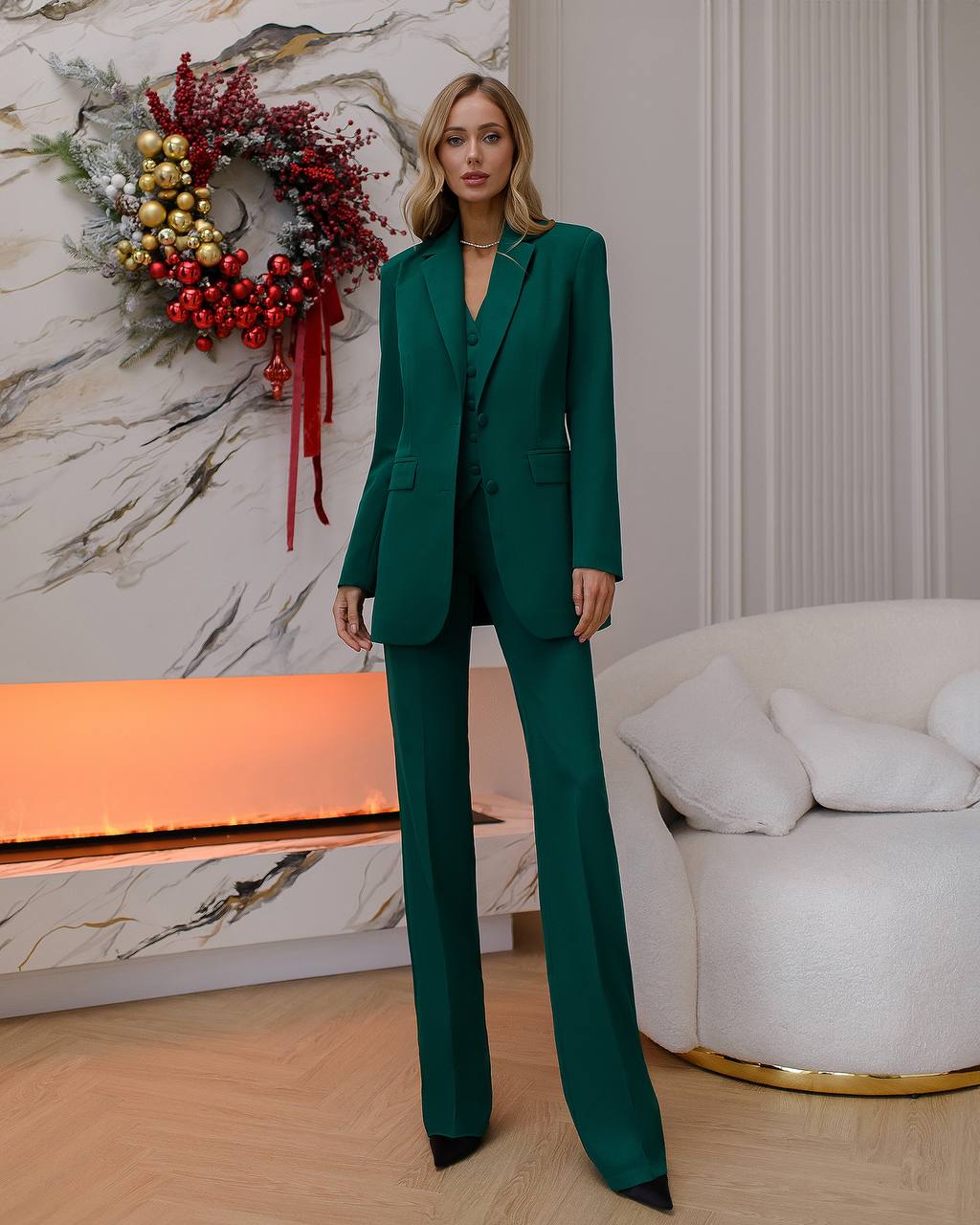 Green three-piece suit with waistcoat and straight trousers